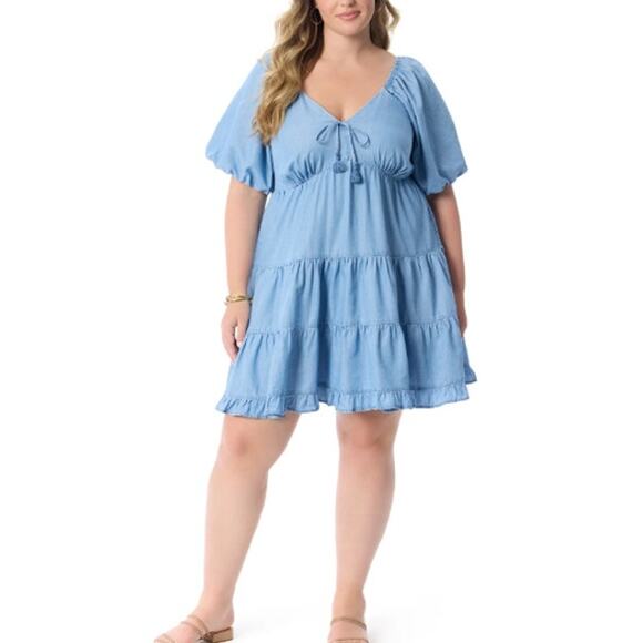 Jessica Simpson plus Adelle denim tiered short dress sz 0X - Picture 1 of 8